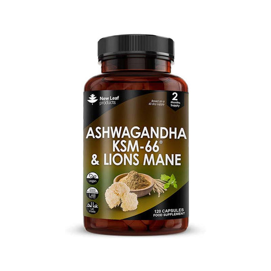 New Leaf Ashwagandha KSM-66 & Lions Mane 120 Tablets 2 Month Supply